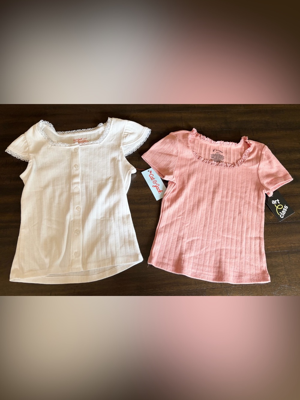 art class Pink and Cat & Jack White Ribbed Lace-Trim Short Sleeve Tees Size 6/7